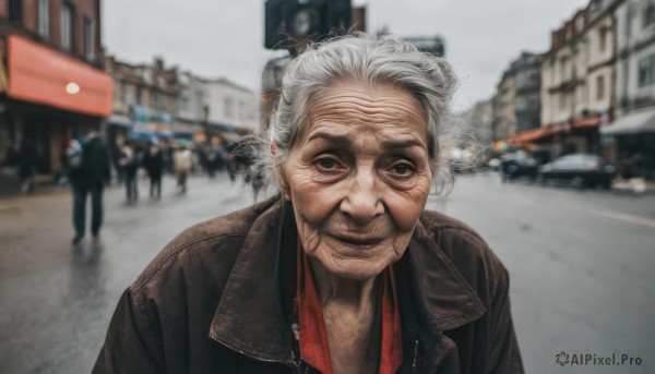 solo,looking at viewer,smile,shirt,1boy,closed mouth,jacket,upper body,white hair,grey hair,male focus,outdoors,solo focus,day,blurry,lips,black jacket,depth of field,blurry background,parody,ground vehicle,red shirt,motor vehicle,meme,realistic,car,road,old,old man,old woman,wrinkled skin,1girl,black eyes,building,city,street,leather jacket,grey sky,traffic light