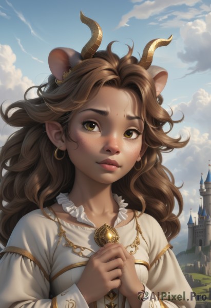 1girl,solo,long hair,looking at viewer,brown hair,shirt,long sleeves,dress,animal ears,brown eyes,jewelry,closed mouth,collarbone,yellow eyes,white shirt,upper body,earrings,outdoors,horns,sky,day,pointy ears,artist name,cloud,white dress,dark-skinned female,blue sky,lips,watermark,cloudy sky,own hands together,brooch,extra ears,forehead,freckles,realistic,nose,castle,necklace,wavy hair,scenery,hoop earrings