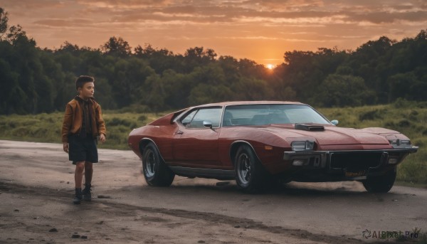 solo,black hair,1boy,hat,jacket,male focus,outdoors,sky,shorts,cloud,tree,facial hair,ground vehicle,nature,scenery,motor vehicle,forest,sunset,car,vehicle focus,sports car,short hair,grass,brown jacket