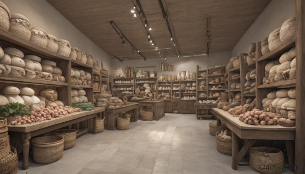 food,indoors,no humans,table,scenery,basket,tiles,bread,shelf,food focus,shop,ceiling,ceiling light,light