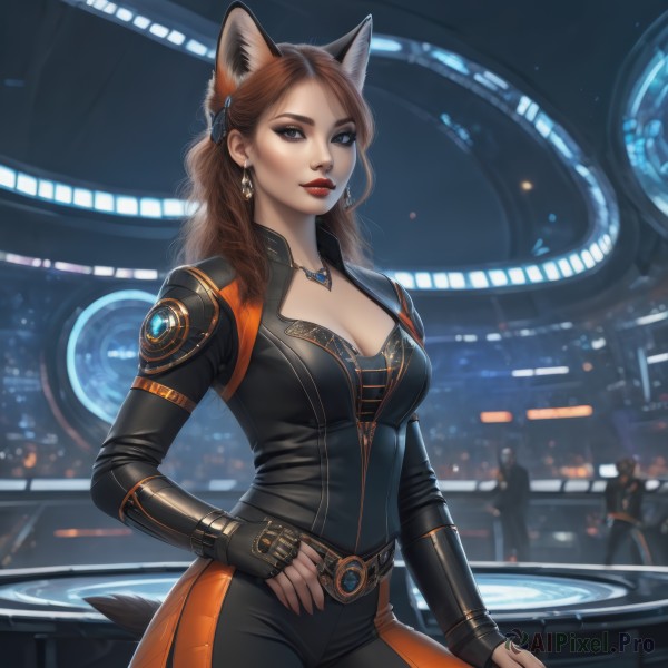 1girl,solo,long hair,breasts,looking at viewer,large breasts,brown hair,hair ornament,gloves,animal ears,cleavage,brown eyes,jewelry,medium breasts,tail,cowboy shot,earrings,parted lips,solo focus,black gloves,belt,artist name,cat ears,fingerless gloves,necklace,mole,blurry,lips,fox ears,bodysuit,makeup,fox tail,lipstick,fox girl,pendant,science fiction,red lips,blue eyes,long sleeves,nail polish,hand on hip,blurry background,wavy hair,eyeshadow,realistic,black bodysuit,jumpsuit