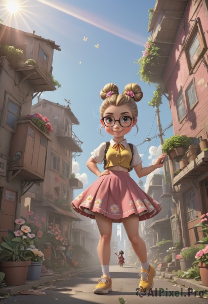 1girl,looking at viewer,blush,smile,short hair,multiple girls,skirt,brown hair,shirt,hair ornament,1boy,bow,2girls,brown eyes,closed mouth,standing,full body,white shirt,flower,short sleeves,pleated skirt,outdoors,sky,shoes,glasses,solo focus,day,socks,midriff,cloud,bag,hair bun,black eyes,vest,blue sky,lips,crop top,hand on hip,window,double bun,bird,floral print,sunlight,plant,white socks,building,sneakers,child,pink flower,pink skirt,backlighting,black-framed eyewear,yellow shirt,city,yellow flower,round eyewear,sun,female child,potted plant,giant,house,street,flower pot,air conditioner,blonde hair,holding,hair bobbles,power lines,yellow footwear,utility pole,watering can,alley