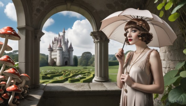 1girl,solo,short hair,bangs,brown hair,hair ornament,dress,holding,bare shoulders,brown eyes,jewelry,collarbone,upper body,flower,outdoors,parted lips,sky,sleeveless,day,cloud,necklace,white dress,blue sky,lips,makeup,sleeveless dress,umbrella,looking away,grass,lipstick,building,scenery,curly hair,holding umbrella,fantasy,red lips,parasol,ruins,mushroom,pillar,castle,statue,arch,tree