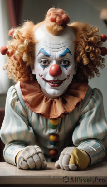 solo,looking at viewer,smile,open mouth,blonde hair,long sleeves,1boy,brown eyes,upper body,male focus,teeth,striped,puffy sleeves,indoors,grin,blurry,makeup,blurry background,lipstick,vertical stripes,curly hair,striped shirt,facepaint,horror (theme),neck ruff,afro,clown,brown hair,gloves,facial mark,pale skin,white skin,striped dress