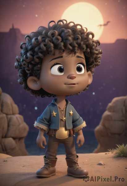 solo,smile,brown hair,black hair,1boy,brown eyes,jewelry,standing,jacket,full body,male focus,boots,outdoors,sky,pants,artist name,dark skin,necklace,chibi,blurry,black eyes,dark-skinned female,night,blurry background,bird,brown footwear,moon,dark-skinned male,looking up,child,star (sky),night sky,full moon,starry sky,curly hair,rock,sun,male child,brown pants,very dark skin,cliff,afro,1girl,short hair,shirt,parted lips,open clothes,belt,star (symbol),open jacket,lips,depth of field,watermark,denim,blue jacket,backlighting,cropped jacket,sunset,looking afar,sunrise