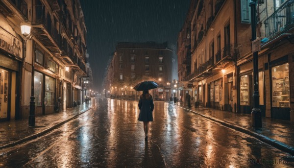 1girl, solo, skirt, black hair, holding, standing, outdoors, sky, from behind, night, umbrella, building, scenery, reflection, walking, rain, holding umbrella, city, sign, road, dark, power lines, lamppost, street, crosswalk, vanishing point