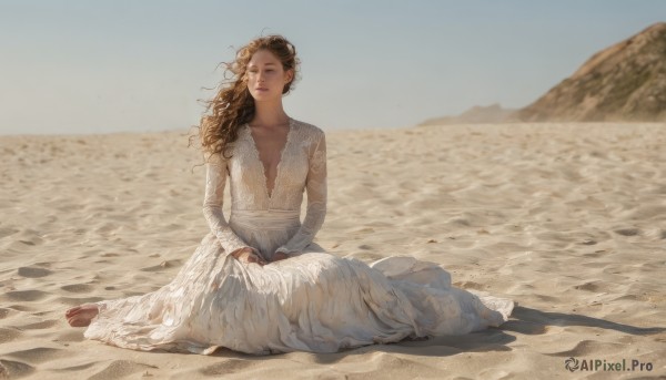 1girl,solo,long hair,breasts,brown hair,long sleeves,dress,sitting,closed mouth,collarbone,full body,closed eyes,small breasts,outdoors,sky,barefoot,day,signature,white dress,blue sky,lips,see-through,shadow,wavy hair,wariza,wind,facing viewer,realistic,sand,on ground,desert,looking at viewer,cleavage,brown eyes,parted lips,artist name,blurry,floating hair,depth of field,beach,half-closed eyes,sunlight,own hands together,lace trim,lace,backlighting,curly hair,long dress,sad,shore,lace-trimmed dress,hands on lap,lace-trimmed sleeves