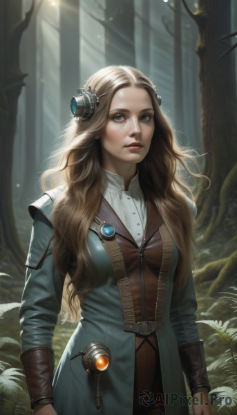 1girl,solo,long hair,breasts,looking at viewer,blue eyes,blonde hair,brown hair,hair ornament,long sleeves,dress,medium breasts,standing,flower,cowboy shot,outdoors,belt,signature,tree,lips,makeup,wavy hair,sunlight,looking up,nature,forest,freckles,light rays,realistic,nose,red lips,green eyes,parted lips,artist name,leaf,plant,curly hair