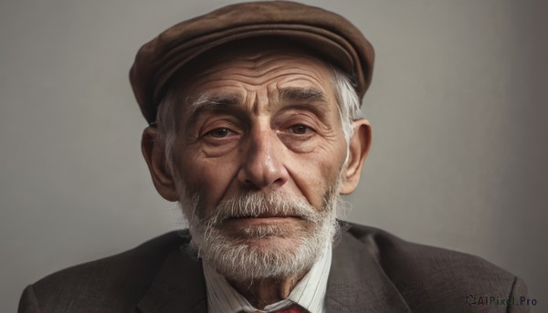 solo,looking at viewer,simple background,shirt,1boy,hat,closed mouth,jacket,white shirt,upper body,white hair,male focus,necktie,collared shirt,grey background,gradient background,facial hair,beret,formal,thick eyebrows,suit,red necktie,portrait,beard,mature male,realistic,mustache,brown headwear,manly,old,old man,wrinkled skin,grey hair,black eyes,black jacket,gradient,wing collar,brown jacket