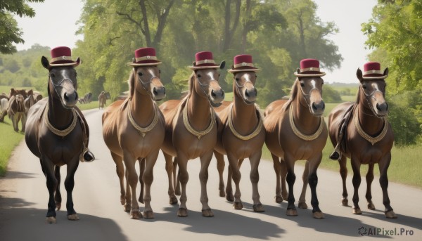 hat,standing,outdoors,day,tree,no humans,shadow,animal,grass,nature,red headwear,forest,top hat,animal focus,horse,looking at viewer,elephant