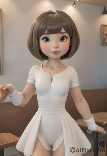 1girl,solo,breasts,looking at viewer,smile,short hair,bangs,skirt,brown hair,brown eyes,standing,collarbone,cowboy shot,small breasts,parted lips,indoors,blunt bangs,flat chest,covered nipples,leotard,lips,see-through,loli,cameltoe,table,bob cut,freckles,white leotard,showgirl skirt,ballerina,blush,shirt,dress,short sleeves,pussy,solo focus,artist name,white dress,eyelashes,no panties,bandages,nose,on table