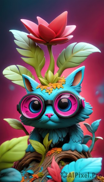 solo,looking at viewer,blue eyes,closed mouth,flower,glasses,artist name,blurry,gradient,gradient background,no humans,depth of field,animal,leaf,cat,plant,goggles,pink flower,freckles,blurry foreground,animal focus,orange flower,sitting,signature,tree,watermark,pink background,web address,round eyewear,branch,straight-on