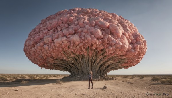 1girl,solo,long hair,short hair,blonde hair,brown hair,shirt,long sleeves,standing,jacket,pantyhose,outdoors,sky,day,pants,tree,blue sky,shadow,animal,blue shirt,scenery,monster,wide shot,desert,oversized animal,eldritch abomination,skirt,thighhighs,holding,white shirt,short sleeves,shoes,sand