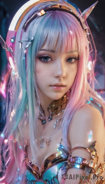 1girl,solo,long hair,breasts,looking at viewer,bangs,blue eyes,hair ornament,cleavage,bare shoulders,jewelry,medium breasts,closed mouth,blue hair,upper body,pink hair,multicolored hair,hairband,small breasts,artist name,blunt bangs,necklace,two-tone hair,lips,eyelashes,makeup,headgear,gem,armlet,realistic,nose,pointy ears,expressionless,eyeshadow