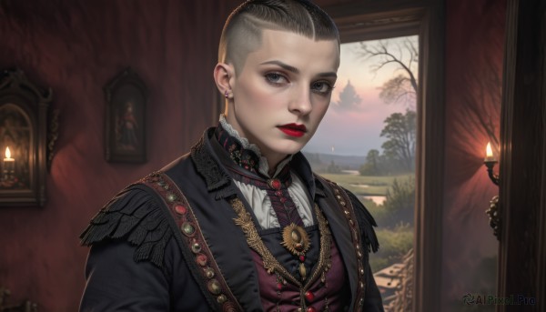 1girl,solo,looking at viewer,short hair,blue eyes,black hair,jewelry,jacket,upper body,earrings,indoors,vest,tree,lips,grey eyes,window,makeup,lipstick,brooch,red lips,candle,very short hair,undercut,painting (object),portrait (object),blonde hair,fire,asymmetrical hair,realistic