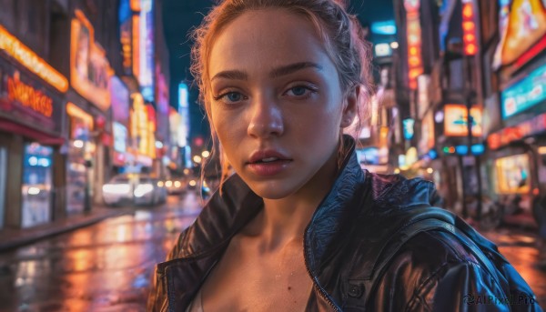 1girl,solo,breasts,looking at viewer,short hair,blue eyes,blonde hair,cleavage,jacket,upper body,outdoors,parted lips,open clothes,mole,blurry,lips,black jacket,night,depth of field,blurry background,building,forehead,freckles,mole on breast,city,realistic,nose,leather,leather jacket,cyberpunk,brown hair,teeth,artist name,open jacket,eyelashes,thick eyebrows,portrait,backlighting,neon lights,mole on cheek