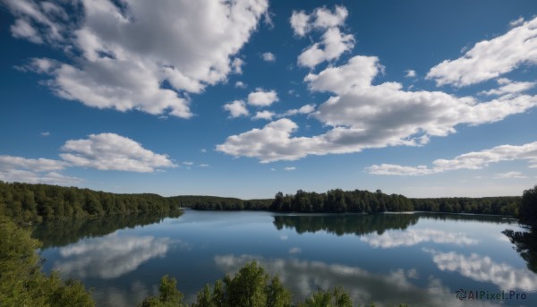 outdoors,sky,day,cloud,water,tree,blue sky,no humans,cloudy sky,nature,scenery,forest,reflection,mountain,river,landscape,lake,reflective water,grass,horizon