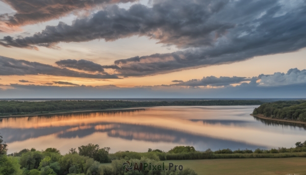 outdoors,sky,artist name,cloud,water,tree,blue sky,no humans,watermark,cloudy sky,grass,nature,scenery,forest,reflection,sunset,horizon,road,river,evening,landscape,lake,reflective water,ocean,mountain,shore,island