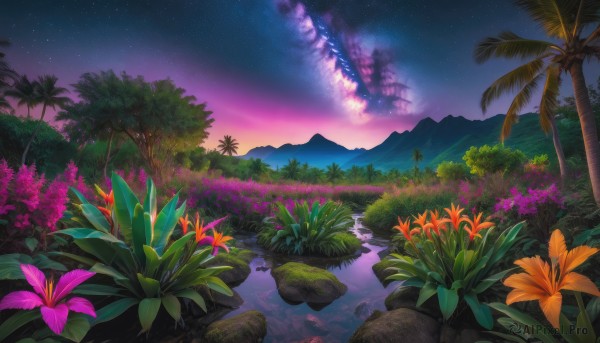 flower, outdoors, sky, water, tree, no humans, night, plant, star (sky), nature, night sky, scenery, starry sky, rock, mountain, palm tree, aurora