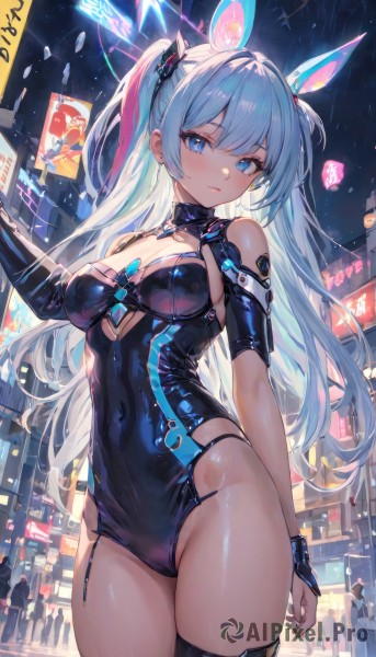 1girl,solo,long hair,breasts,looking at viewer,blush,smile,bangs,blue eyes,large breasts,thighhighs,gloves,animal ears,cleavage,bare shoulders,jewelry,medium breasts,very long hair,closed mouth,blue hair,standing,pink hair,white hair,thighs,multicolored hair,cowboy shot,earrings,outdoors,parted lips,black gloves,elbow gloves,black thighhighs,fingerless gloves,rabbit ears,two-tone hair,leotard,two side up,streaked hair,groin,clothing cutout,covered navel,skindentation,night,fake animal ears,headgear,highleg,garter straps,playboy bunny,cleavage cutout,single thighhigh,black leotard,bridal gauntlets,skin tight,highleg leotard,strapless leotard,city,latex,neon lights,hair ornament,twintails,solo focus,shiny,hand up,thigh strap,piercing,building,shiny clothes,cityscape,blue leotard,armpit crease,crowd,cyberpunk