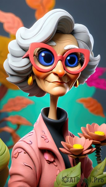 1girl,solo,looking at viewer,smile,short hair,blue eyes,jewelry,upper body,flower,white hair,grey hair,earrings,glasses,lips,makeup,leaf,lipstick,old,old woman,shirt,closed mouth,jacket,parted lips,artist name,blurry,torn clothes,black shirt,eyelashes,depth of field,blurry background,turtleneck,pink flower,curly hair