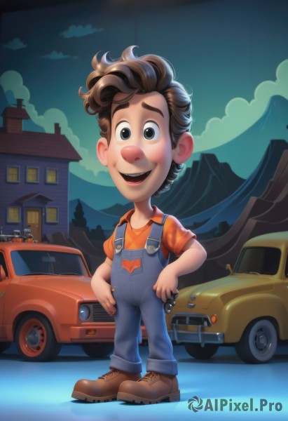 solo,looking at viewer,smile,open mouth,brown hair,shirt,1boy,brown eyes,standing,full body,male focus,boots,outdoors,sky,teeth,cloud,black eyes,night,brown footwear,ground vehicle,motor vehicle,hands on hips,mountain,car,overalls,:d,shoes,hand on hip,watermark,building,web address,house