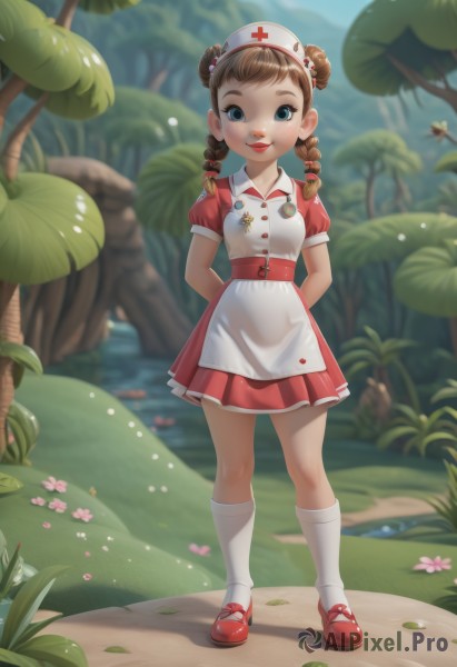 1girl,solo,long hair,looking at viewer,smile,bangs,blue eyes,brown hair,hat,dress,closed mouth,standing,full body,braid,flower,short sleeves,outdoors,shoes,day,socks,puffy sleeves,artist name,water,hair bun,blurry,apron,twin braids,tree,puffy short sleeves,lips,kneehighs,double bun,buttons,blurry background,arms behind back,red dress,grass,bug,white socks,butterfly,red footwear,child,nature,white apron,mary janes,forest,freckles,nurse cap,red lips,female child,nurse,pigeon-toed,badge,pond,red cross,ladybug,breasts,blush,hair ornament,bow,sash,leaf,short dress,plant,waist apron,pink flower,collared dress,lily pad