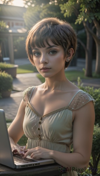 1girl,solo,breasts,looking at viewer,short hair,bangs,brown hair,black hair,dress,cleavage,brown eyes,jewelry,closed mouth,collarbone,upper body,earrings,small breasts,outdoors,sleeveless,day,artist name,white dress,blurry,tree,lips,depth of field,blurry background,sunlight,freckles,realistic,nose,stud earrings,computer,very short hair,laptop,medium breasts,sitting,parted lips,nail polish,sleeveless dress,watermark,plant,building,bush