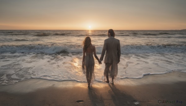 1girl,long hair,short hair,brown hair,black hair,long sleeves,1boy,dress,jacket,hetero,outdoors,sky,shoes,barefoot,pants,water,from behind,shadow,holding hands,ocean,back,beach,formal,sunlight,suit,scenery,walking,sunset,sand,sun,horizon,facing away,waves,shore,footprints,skirt,shirt,holding,2girls,white shirt,white dress,sandals,couple,backlighting,wide shot