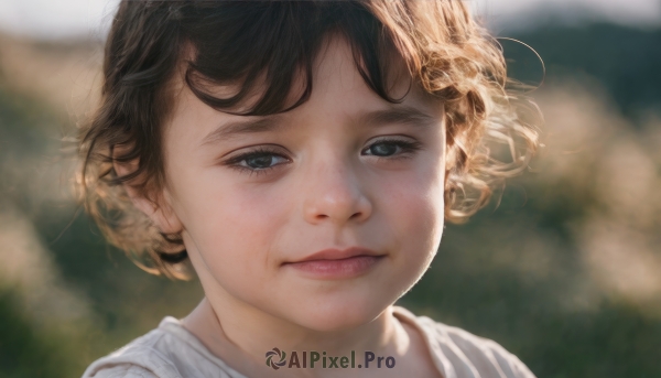 1girl,solo,looking at viewer,short hair,bangs,blue eyes,blonde hair,brown hair,shirt,closed mouth,white shirt,blurry,lips,depth of field,blurry background,portrait,curly hair,realistic,nose,black hair,outdoors,eyelashes,wind,close-up