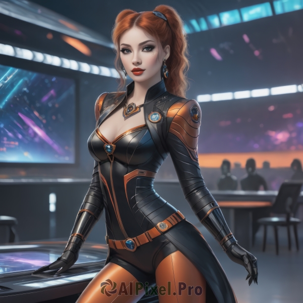 1girl,solo,long hair,breasts,looking at viewer,smile,blue eyes,brown hair,gloves,cleavage,twintails,jewelry,medium breasts,standing,cowboy shot,earrings,solo focus,black gloves,belt,necklace,orange hair,mole,blurry,lips,bodysuit,makeup,blurry background,lipstick,pendant,eyeshadow,freckles,black bodysuit,red lips,eyeliner,badge,closed mouth,ponytail,red hair,indoors,wavy hair,table,gem,buckle,backlighting,contrapposto,realistic,lights