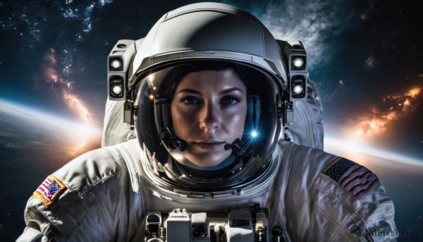 1girl,solo,looking at viewer,smile,blue eyes,black hair,upper body,signature,helmet,fire,star (sky),reflection,science fiction,realistic,space,explosion,planet,earth (planet),american flag,spacesuit,japanese flag,united states,astronaut,star (symbol),lips,headset,pilot suit,pilot,space helmet