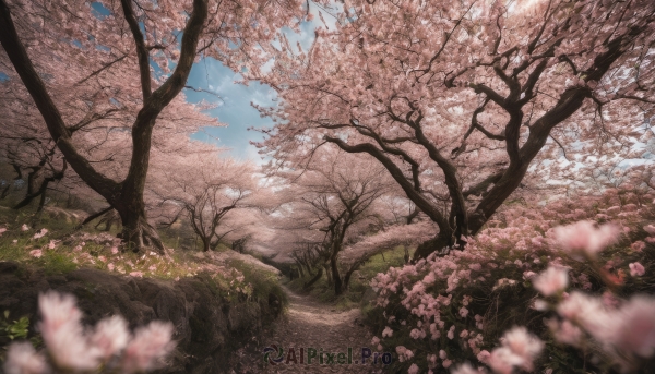 flower, outdoors, sky, day, cloud, blurry, tree, blue sky, no humans, depth of field, grass, cherry blossoms, nature, scenery, pink flower, blurry foreground, field, path, spring (season)