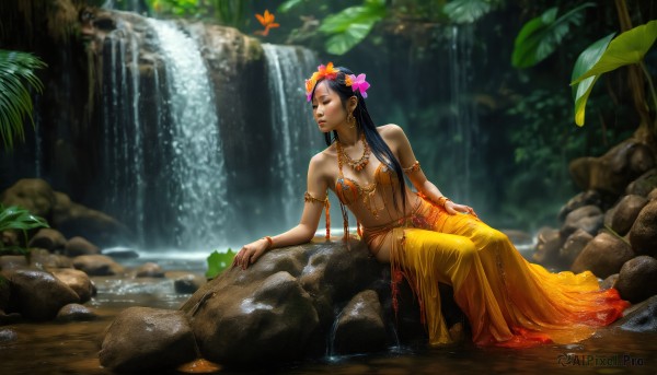 HQ,1girl,solo,long hair,breasts,skirt,black hair,hair ornament,navel,bare shoulders,jewelry,sitting,closed eyes,flower,earrings,small breasts,outdoors,parted lips,barefoot,day,midriff,hair flower,dark skin,water,necklace,blurry,bracelet,dark-skinned female,tree,lips,wet,depth of field,leaf,watermark,looking away,bug,plant,butterfly,nature,armlet,forest,long skirt,rock,realistic,nose,frog,head wreath,yellow skirt,orange skirt,soaking feet,river,waterfall,moss,cleavage,medium breasts,signature,see-through,fantasy,bangle