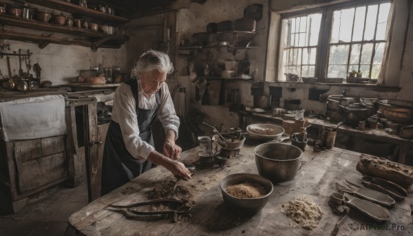 solo,short hair,shirt,long sleeves,1boy,closed mouth,standing,closed eyes,white shirt,white hair,grey hair,male focus,food,day,collared shirt,indoors,apron,window,facial hair,chair,table,knife,plant,towel,scenery,plate,sleeves rolled up,bowl,spoon,basket,old,old man,cooking,shelf,kitchen,frying pan,sink,counter,stove,cutting board,cloth,1girl,scar,jar,faucet