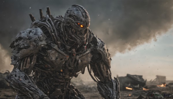 solo,1boy,upper body,weapon,male focus,armor,blurry,orange eyes,gun,military,no humans,blurry background,glowing,helmet,fire,robot,mecha,glowing eyes,smoke,science fiction,military vehicle,damaged,power armor,embers,dust,humanoid robot,red eyes,outdoors,sky,1other,realistic,glowing eye