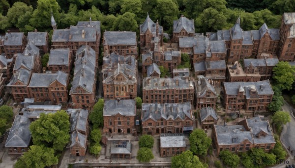 outdoors,tree,no humans,window,building,nature,scenery,forest,stairs,city,road,architecture,house,bridge,town,chimney,from above,cityscape