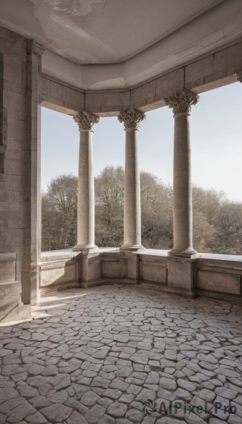 monochrome,outdoors,sky,day,cloud,tree,blue sky,no humans,sunlight,scenery,stairs,bush,architecture,pillar,statue,arch,column,pavement,stone floor,window,plant,wall,brick floor