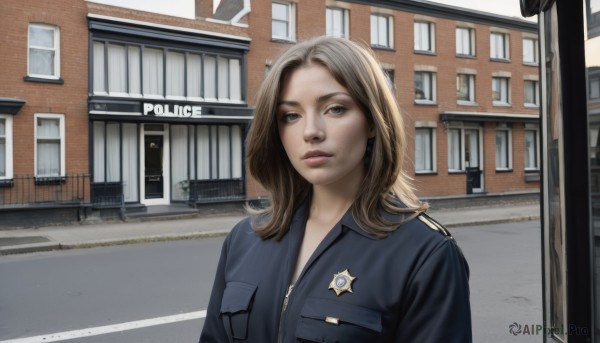 1girl,solo,long hair,looking at viewer,blonde hair,brown hair,brown eyes,upper body,outdoors,parted lips,day,medium hair,uniform,lips,window,building,freckles,pocket,realistic,road,breast pocket,house,police,street,police uniform,policewoman,zipper,door,unzipped,jumpsuit