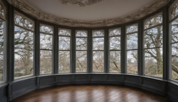 sky,day,indoors,tree,no humans,window,table,nature,scenery,snow,forest,reflection,wooden floor,winter,bare tree,reflective floor,plant