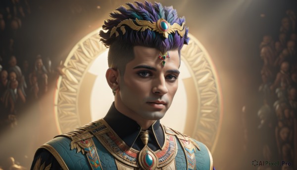 solo,looking at viewer,short hair,bangs,blue eyes,black hair,hair ornament,1boy,jewelry,closed mouth,upper body,male focus,multicolored hair,earrings,parted lips,teeth,solo focus,alternate costume,dark skin,blurry,black eyes,lips,blurry background,dark-skinned male,gem,portrait,dreadlocks,1girl,simple background,purple hair,brown background,realistic,very short hair