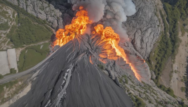 outdoors,wings,sky,cloud,tree,dutch angle,no humans,fire,scenery,smoke,monster,mountain,burning,plant