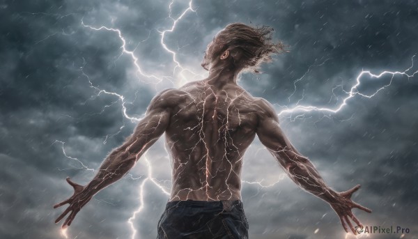 solo, 1boy, male focus, sky, pants, cloud, from behind, muscular, cloudy sky, rain, veins, topless male, electricity, lightning