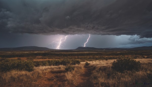 outdoors,sky,cloud,no humans,cloudy sky,grass,nature,scenery,mountain,electricity,field,lightning,landscape,night,night sky,rain,horizon,dark,hill,overcast