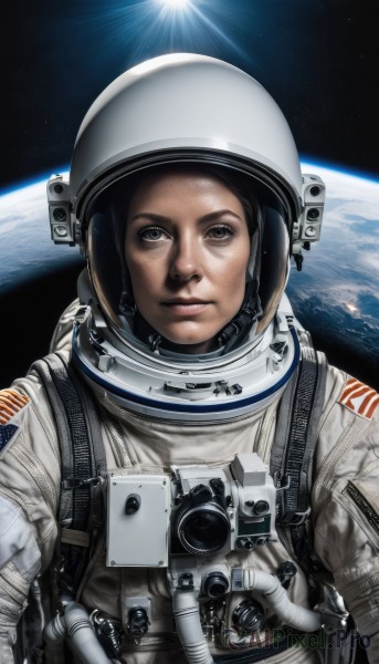 1girl,solo,looking at viewer,black hair,1boy,upper body,male focus,signature,lips,helmet,science fiction,realistic,sun,space,planet,earth (planet),american flag,spacesuit,japanese flag,astronaut,brown eyes,reflection,united states