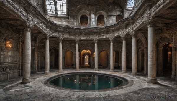 indoors,no humans,window,chain,sunlight,scenery,reflection,stairs,fantasy,door,light,candle,architecture,tile floor,pillar,hallway,church,arch,column,stone floor,vanishing point,day,light particles,ruins