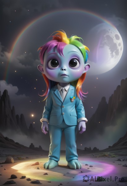 1girl,solo,long hair,shirt,long sleeves,standing,jacket,full body,white shirt,pink hair,purple hair,multicolored hair,outdoors,necktie,sky,collared shirt,pants,artist name,cloud,signature,orange hair,black eyes,two-tone hair,night,colored skin,watermark,formal,moon,suit,looking up,star (sky),night sky,web address,furry,full moon,personification,starry sky,furry female,arms at sides,blue pants,badge,purple skin,rainbow,rainbow hair,blonde hair,green hair,barefoot,rock