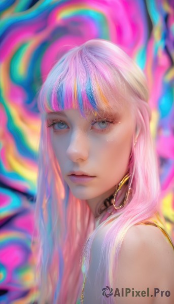 1girl,solo,long hair,looking at viewer,bangs,blue eyes,bare shoulders,jewelry,closed mouth,blue hair,upper body,pink hair,multicolored hair,earrings,choker,blunt bangs,necklace,blurry,from side,lips,eyelashes,makeup,portrait,eyeshadow,freckles,realistic,nose,colorful,mascara,rainbow hair,white hair,two-tone hair,grey eyes,tattoo,piercing,hoop earrings