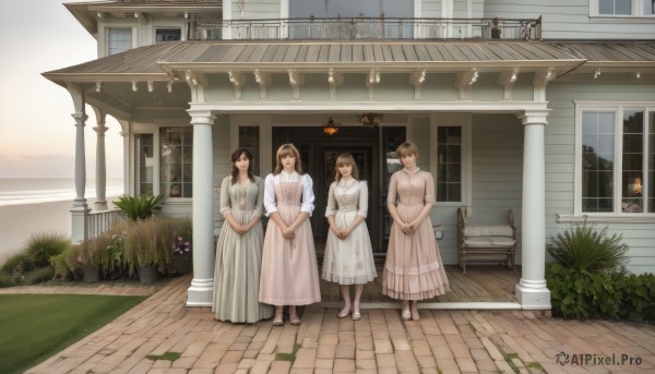 long hair,looking at viewer,smile,short hair,multiple girls,blonde hair,brown hair,black hair,dress,brown eyes,standing,closed eyes,flower,short sleeves,outdoors,shoes,day,3girls,white dress,4girls,chair,table,own hands together,plant,building,scenery,door,bench