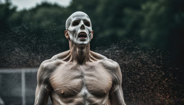 solo,open mouth,1boy,nipples,upper body,male focus,outdoors,teeth,blurry,tree,mask,muscular,blurry background,parody,pectorals,muscular male,meme,realistic,bald,manly,chest hair,photo background,what,no humans,scar,veins,topless male,horror (theme)